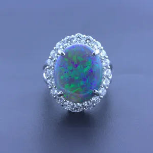 10.18 Carat Australian Black Opal Diamond Halo Platinum Ring