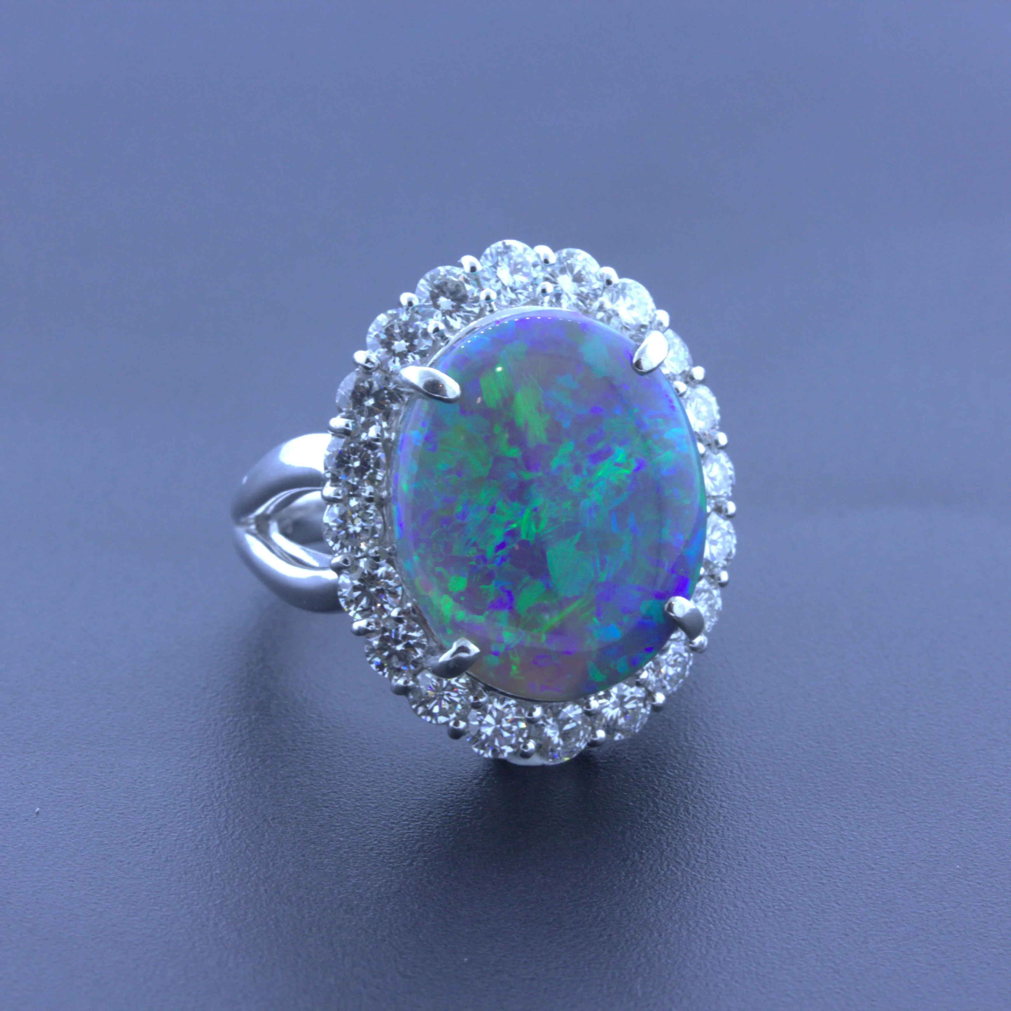 10.18 Carat Australian Black Opal Diamond Halo Platinum Ring