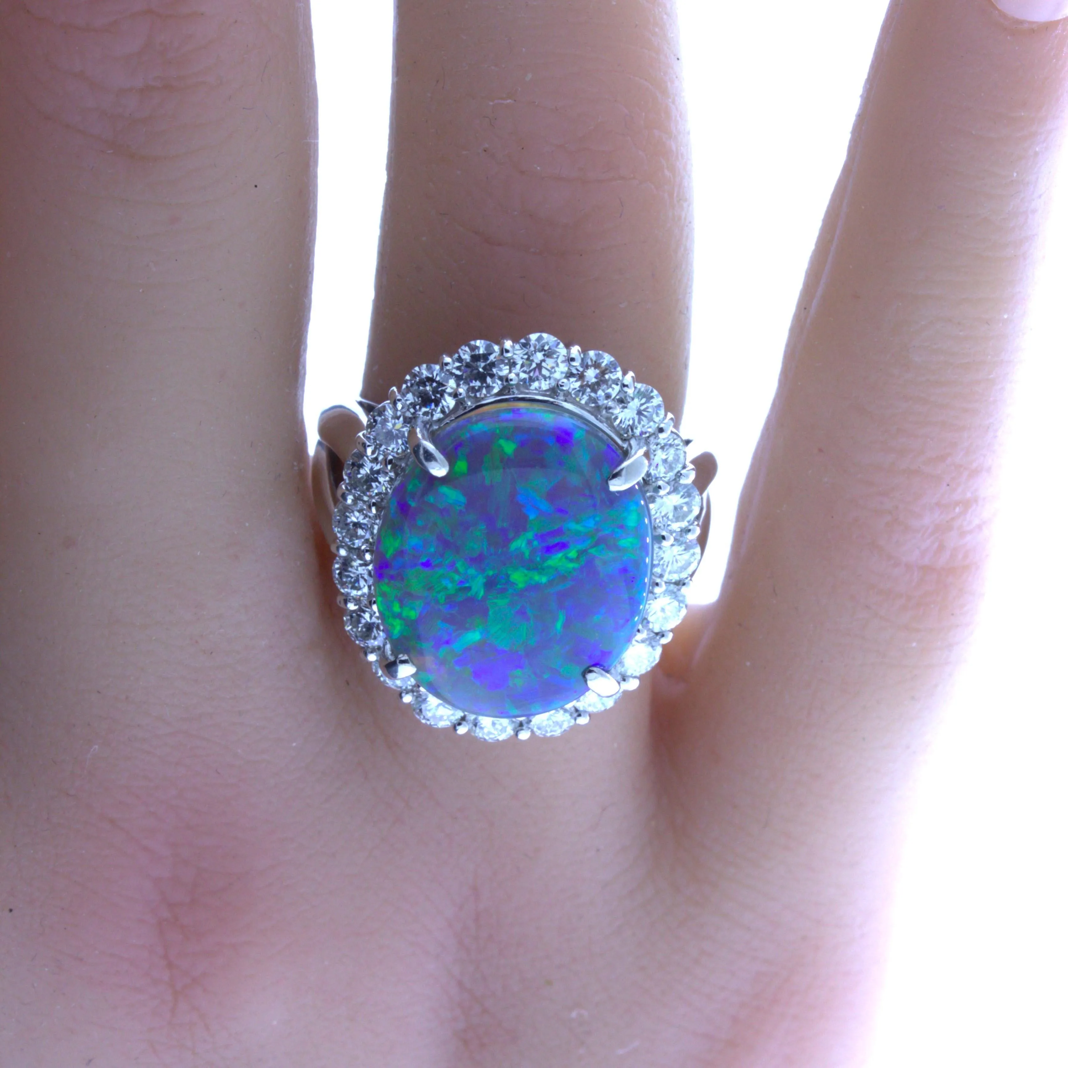 10.18 Carat Australian Black Opal Diamond Halo Platinum Ring