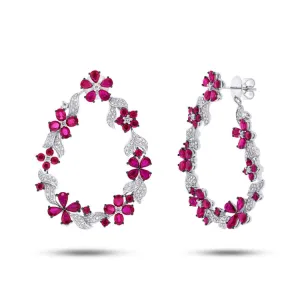 1.19ct Diamond & 10.10ct Ruby 14k White Gold Flower Earring