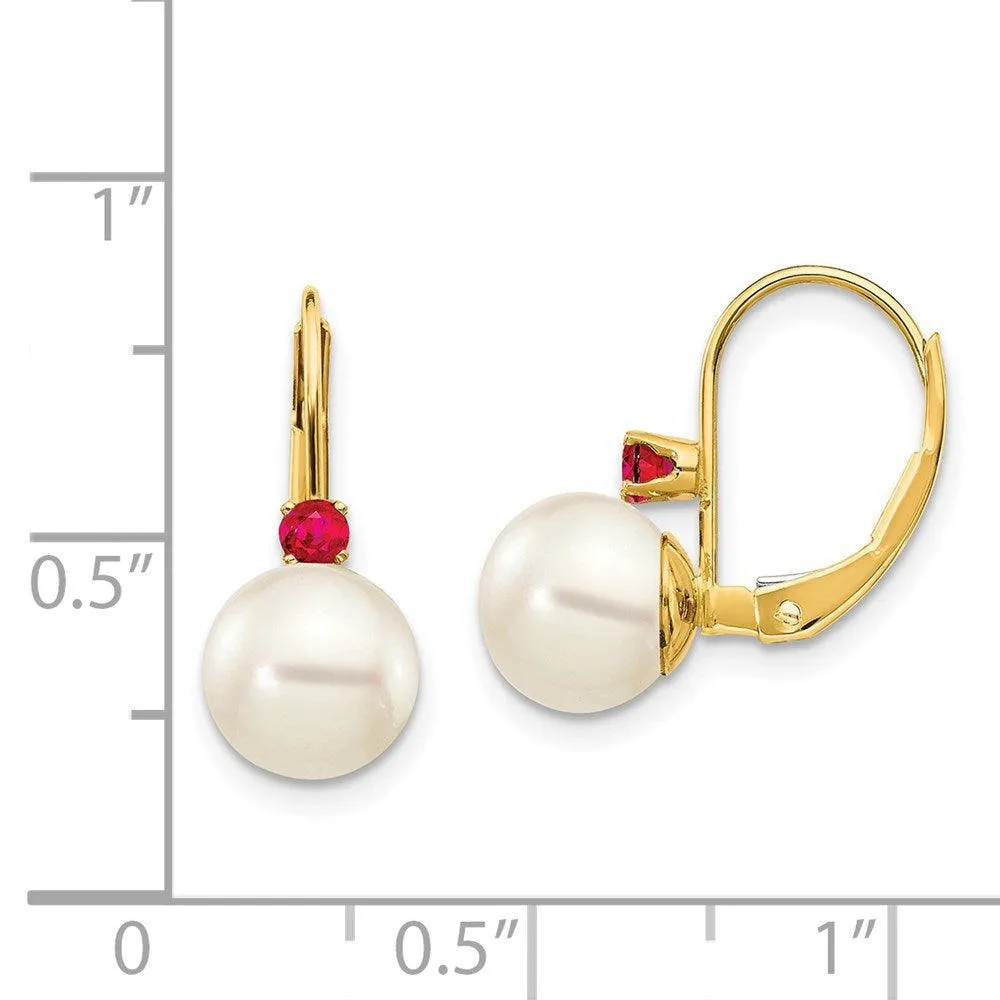 14k 7-7.5mm White Round FW Cultured Pearl Ruby Leverback Earrings