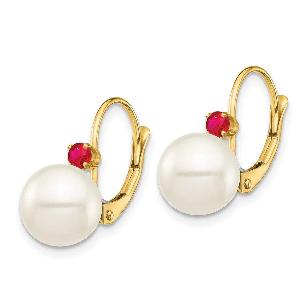 14K 8-8.5mm White Round FWC Pearl Ruby Leverback Earrings