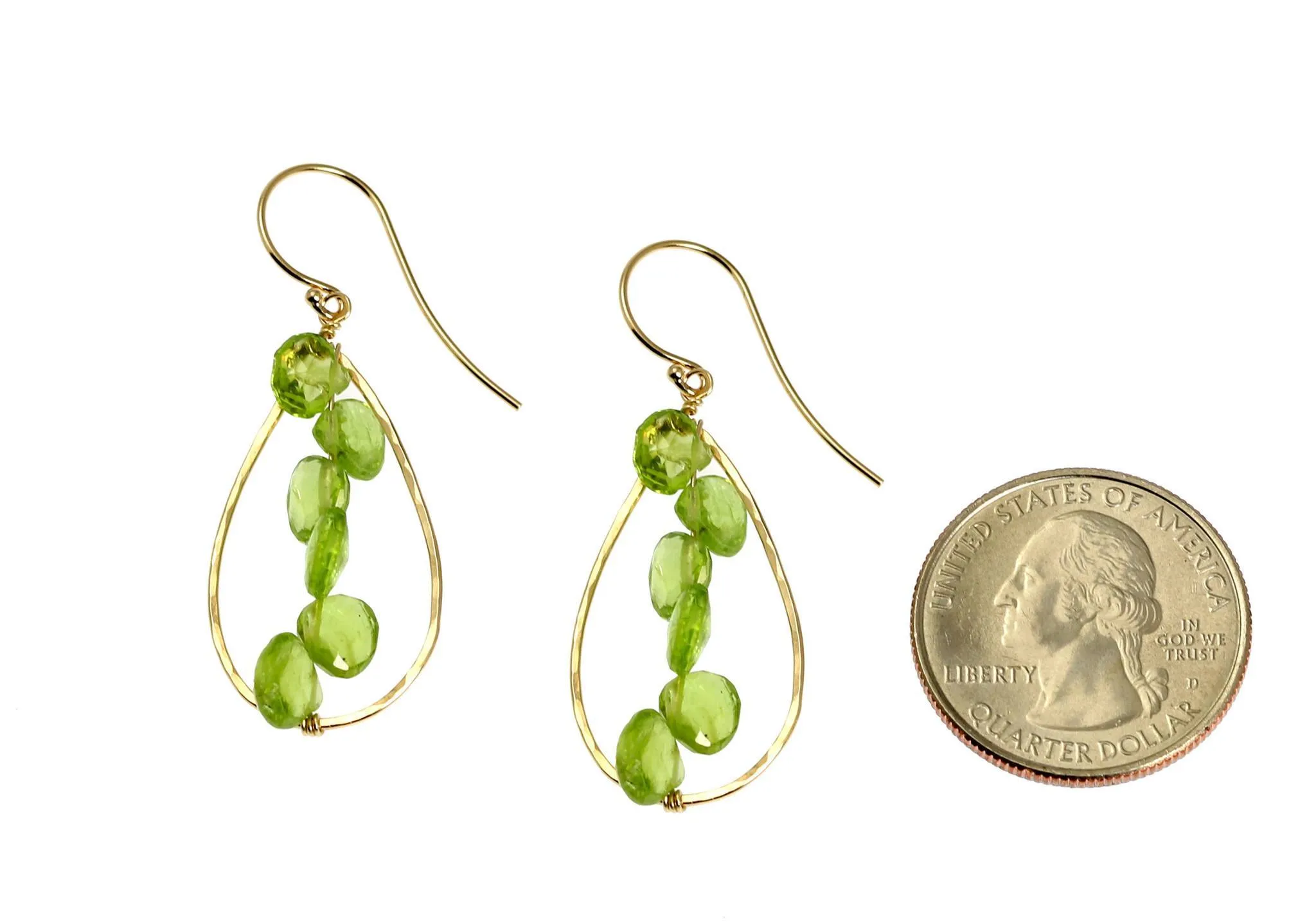 14K Gold Hammered Tear Drop Earrings with Peridot