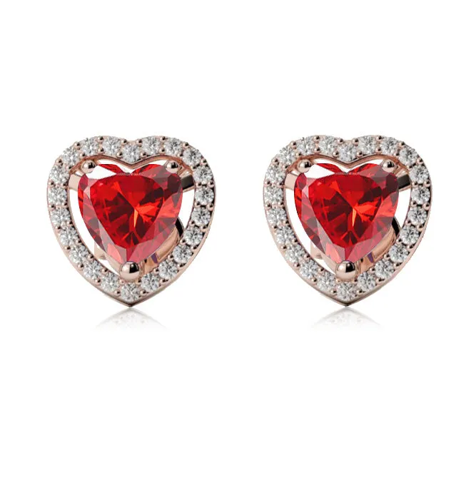 14k Rose Gold Plated 3 Ct Created Halo Heart Ruby Stud Earrings