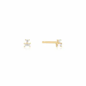 14K Solid Gold Baguette   Round Diamond Stud Earrings