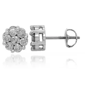 14K Solid White Gold Diamond Cluster Stud Earrings 1.35 Ctw