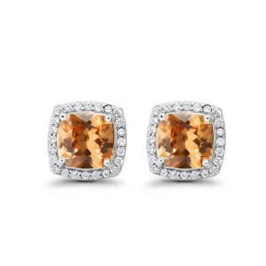 14k White Gold Plated 1 Ct Created Halo Princess Cut Citrine Stud Earrings