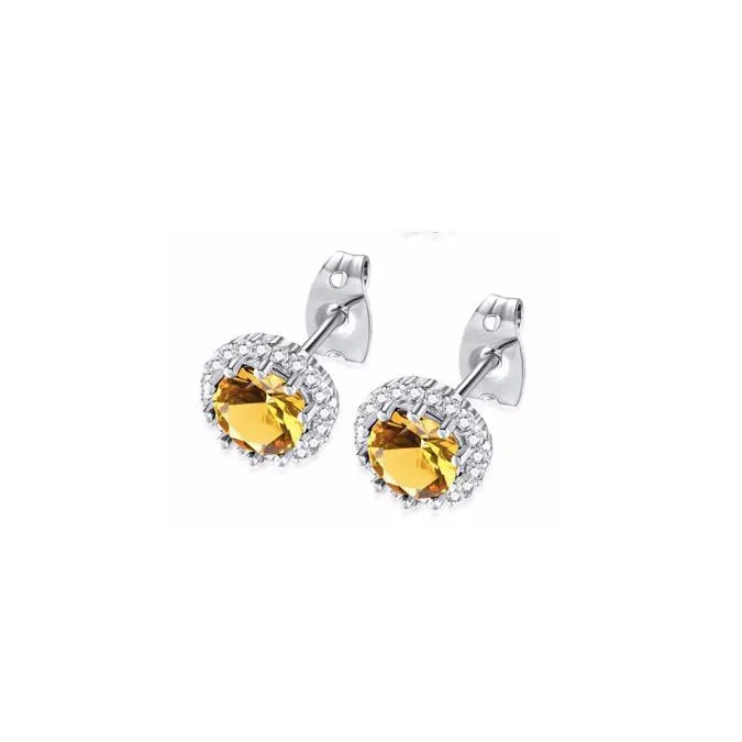 14k White Gold Plated 1/2 Ct Created Halo Round Citrine Stud Earrings