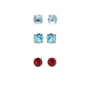 14k White Gold Plated 1Ct Created Aquamarine, Blue Topaz and Ruby 3 Pair Round Stud Earrings