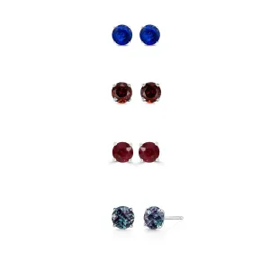 14k White Gold Plated 1Ct Created Blue Sapphire, Garnet, Ruby and Alexandrite 4 Pair Round Stud Earrings