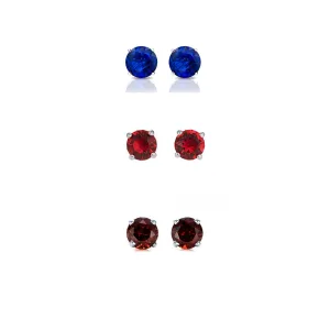 14k White Gold Plated 2Ct Created Blue Topaz, Ruby and Garnet 3 Pair Round Stud Earrings