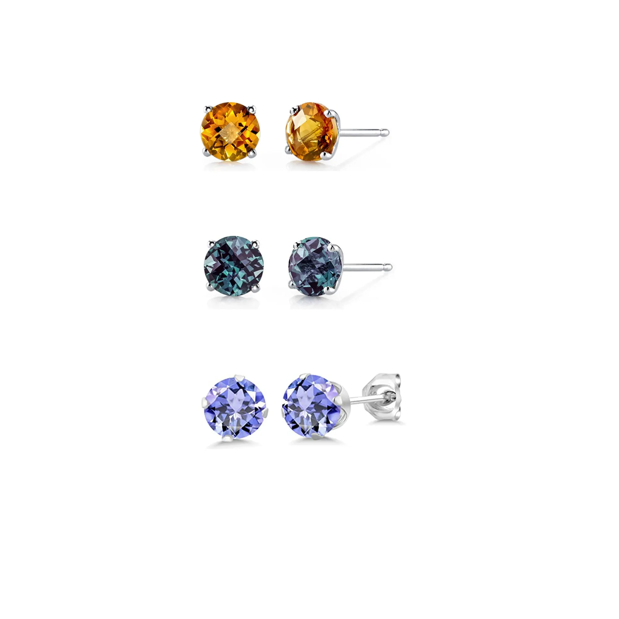 14k White Gold Plated 3Ct Created Citrine, Alexandrite and Tanzanite 3 Pair Round Stud Earrings