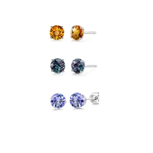 14k White Gold Plated 3Ct Created Citrine, Alexandrite and Tanzanite 3 Pair Round Stud Earrings