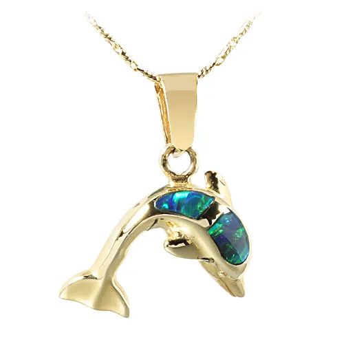 14K Yellow Gold Opal Inlaid Dolphin Pendant (Chain Sold Separately)