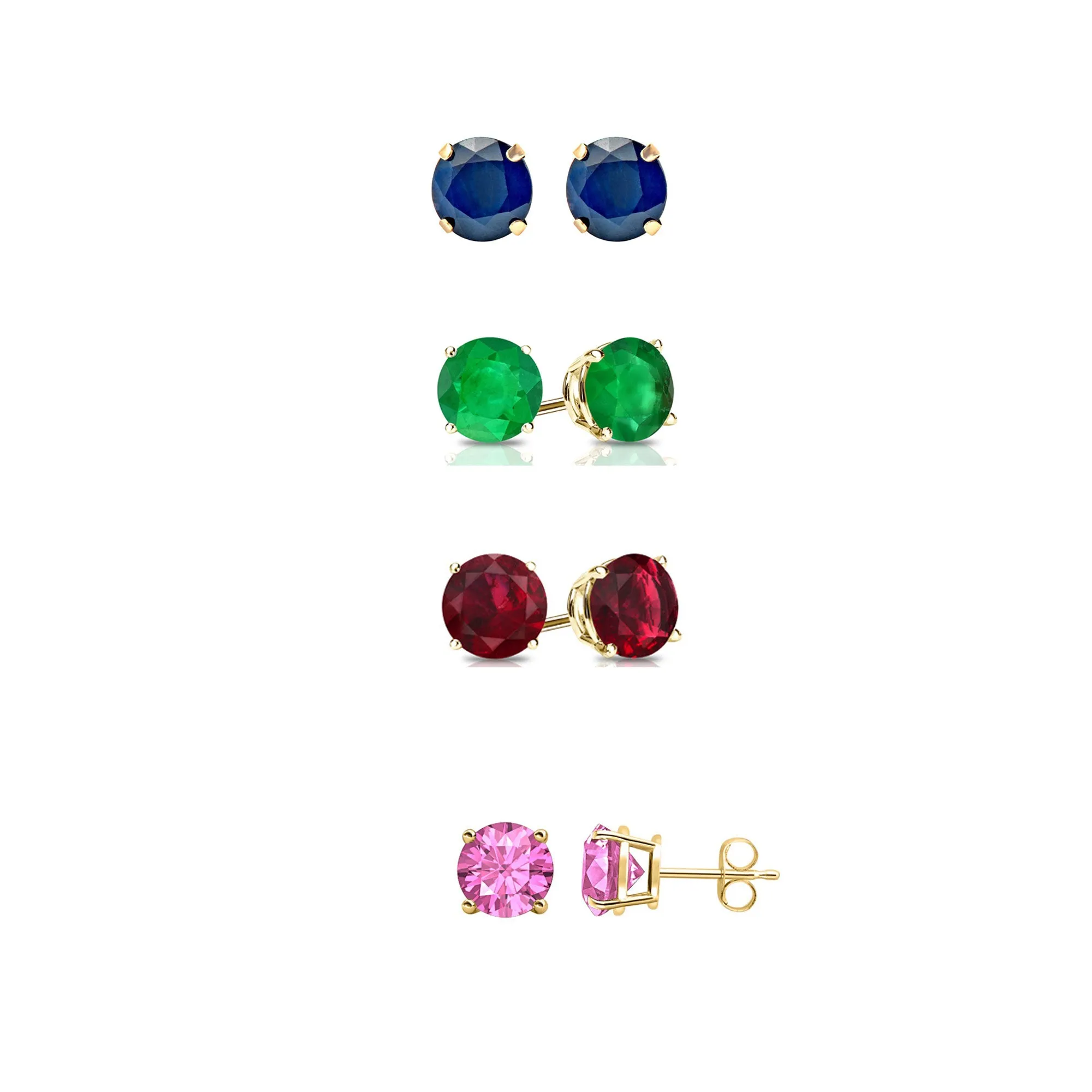 14k Yellow Gold Plated 1/2Ct Created Blue Sapphire, Emerald, Ruby and Pink Sapphire 4 Pair Round Stud Earrings