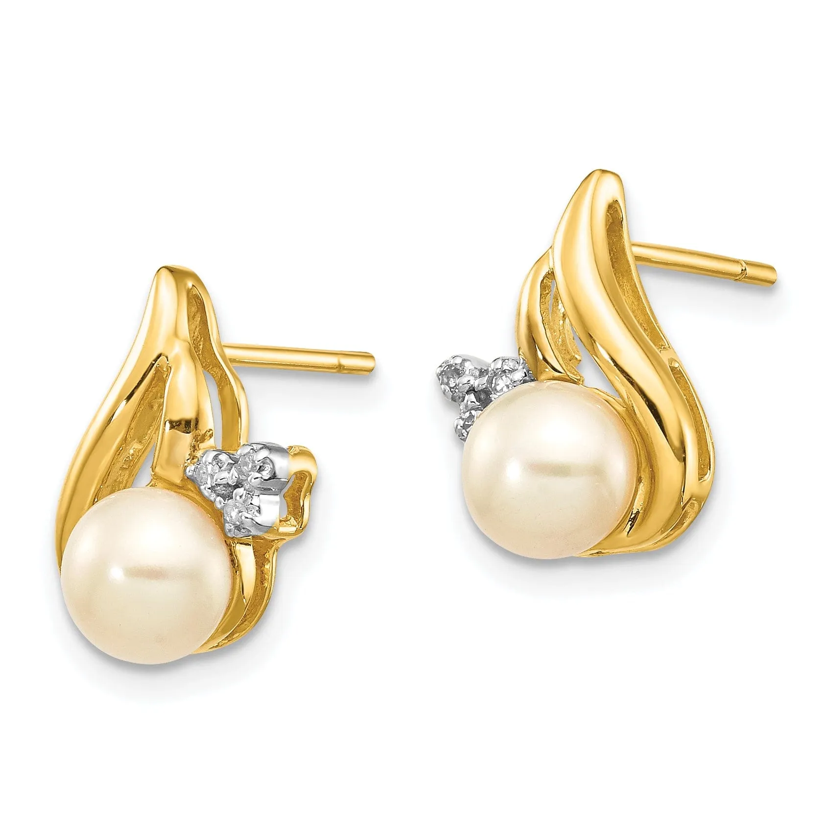 14k Yellow Rhodium Pearl Diamond Post Earrings