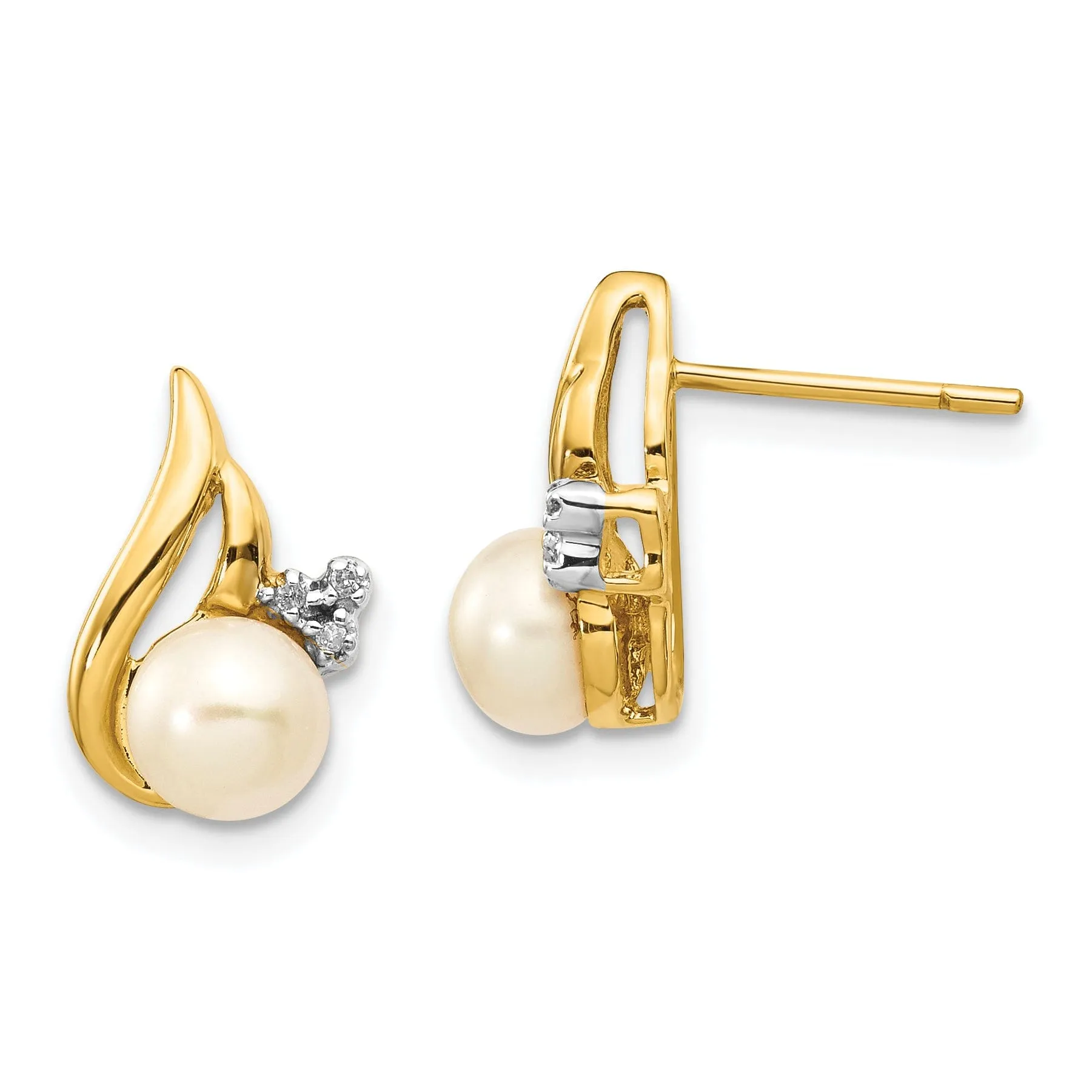 14k Yellow Rhodium Pearl Diamond Post Earrings