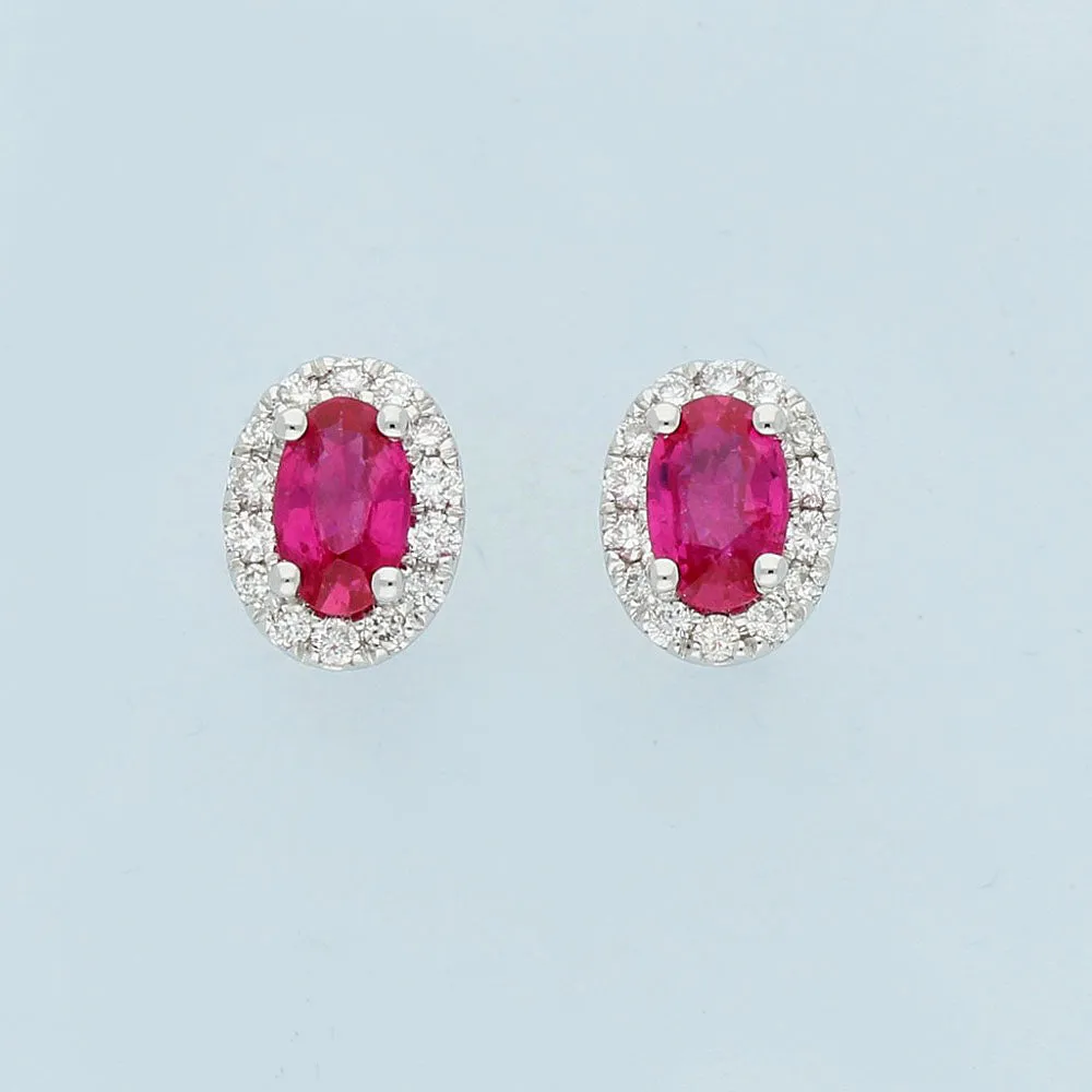 18ct White Gold Ruby & Diamond Oval Cluster Earrings