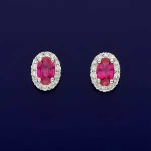 18ct White Gold Ruby & Diamond Oval Cluster Earrings