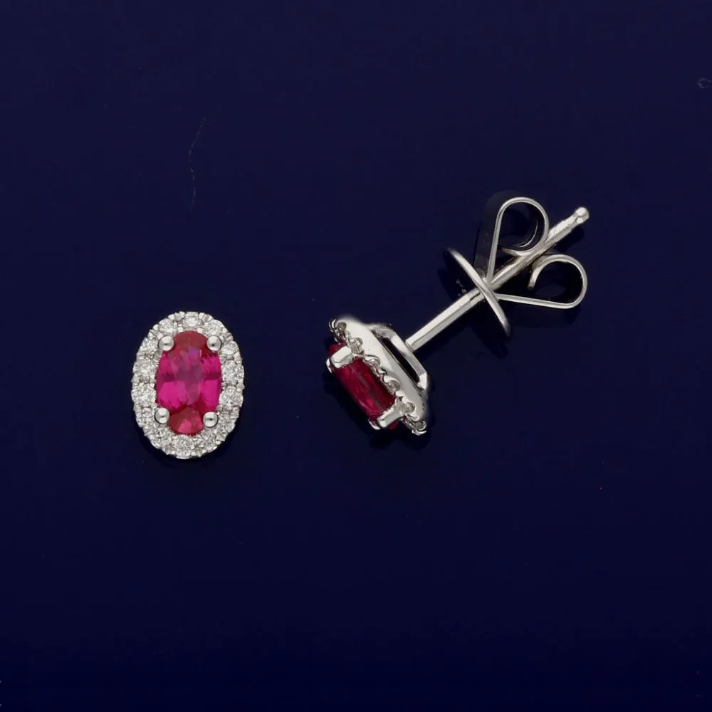 18ct White Gold Ruby & Diamond Oval Cluster Earrings