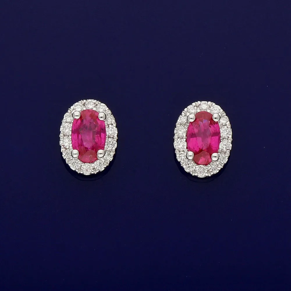 18ct White Gold Ruby & Diamond Oval Cluster Earrings