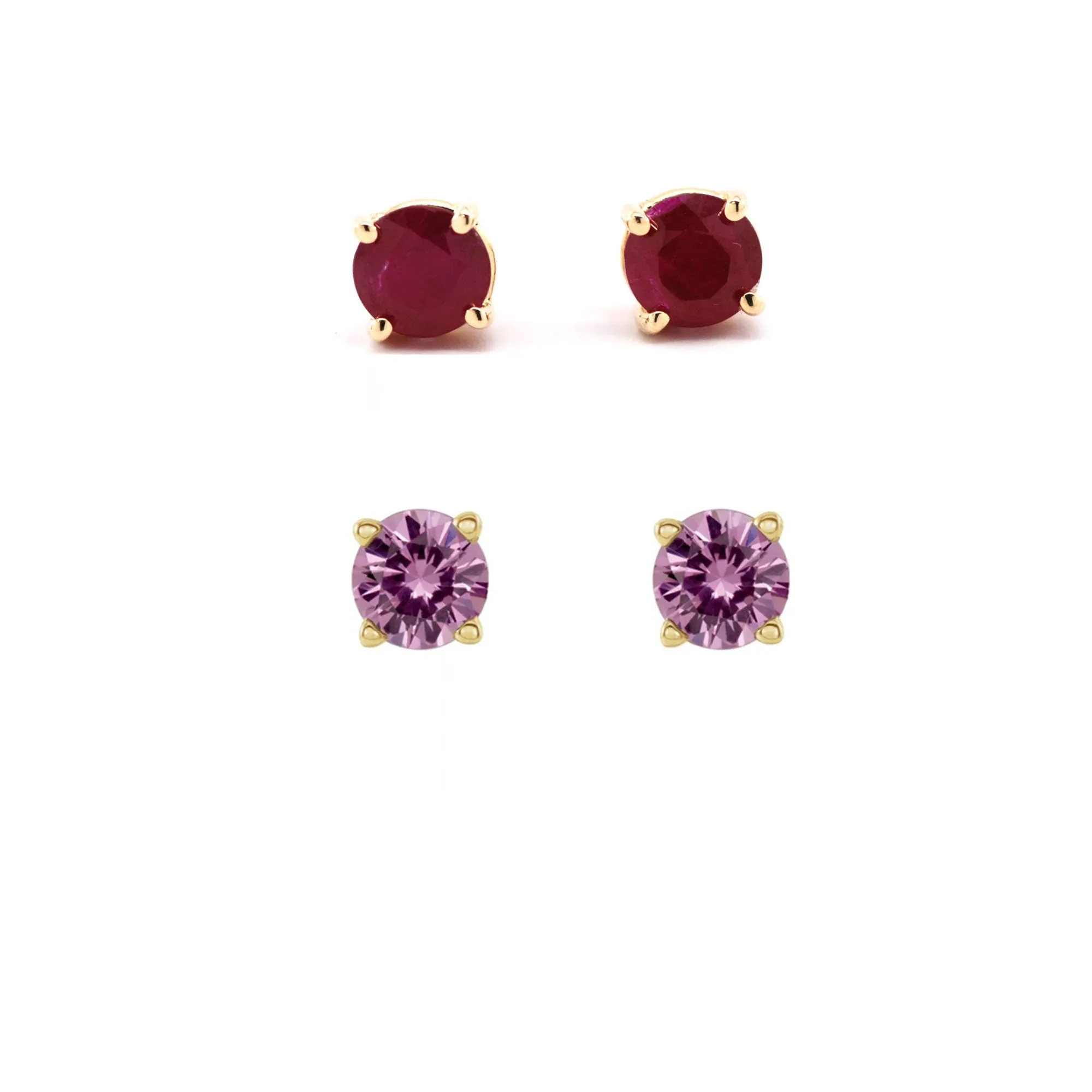 18k Yellow Gold Plated 1/2Ct Created Ruby and Pink Sapphire 2 Pair Round Stud Earrings