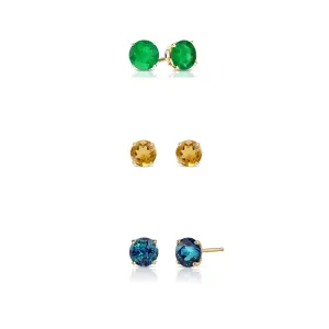 18k Yellow Gold Plated 4Ct Created Emerald, Citrine and Alexandrite 3 Pair Round Stud Earrings