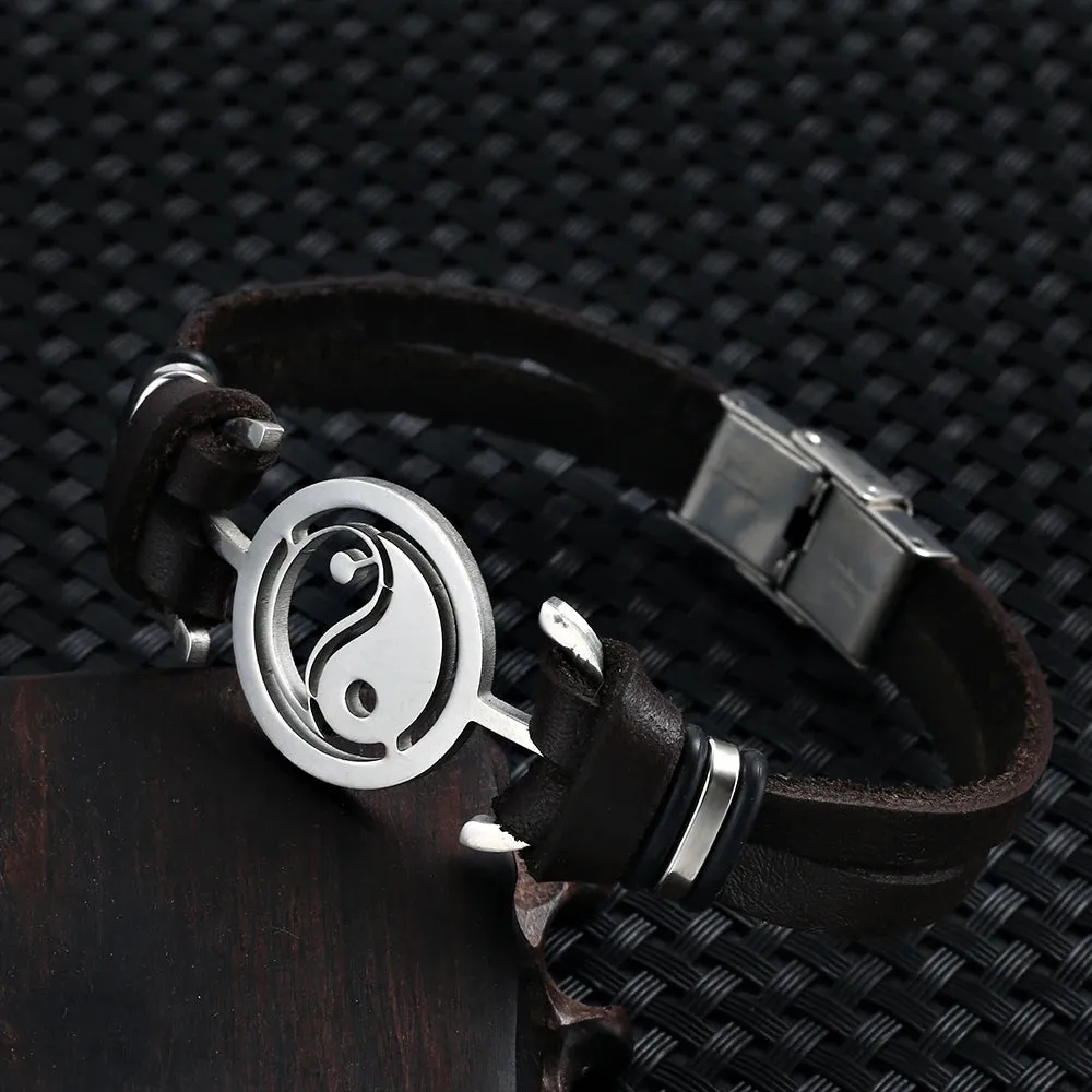 2021 Fashion Jewelry Stainless Steel Tai Chi Yin Yang Fish Leather Bracelet Charm Double Cuff Men's Bracelet Pulsera Hombre