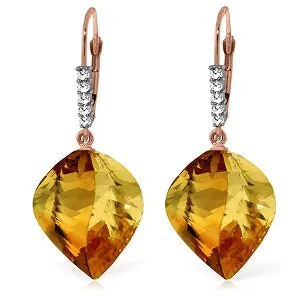 23.65 Carat 14K Solid Rose Gold Leverback Earrings Diamond Briolette Citrine