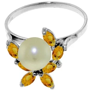 2.65 Carat 14K Solid White Gold Ring Natural Citrine Pearl