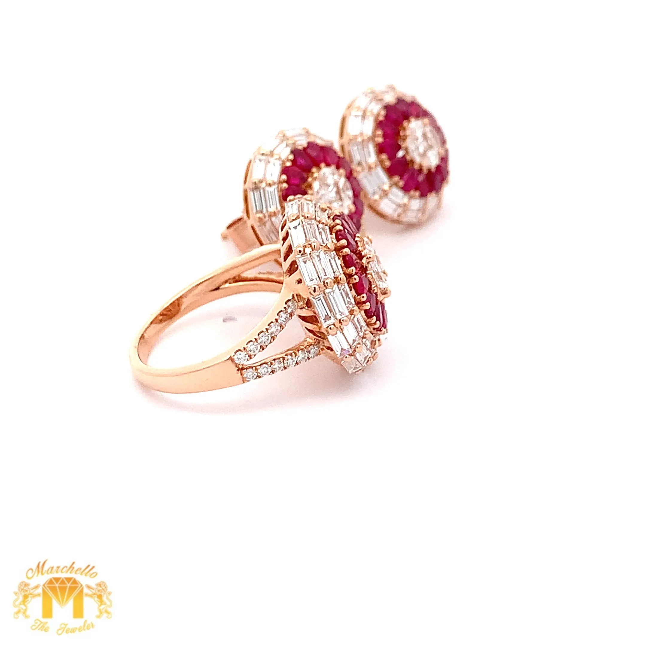 3 piece deal: VVS/vs high clarity diamonds set in a 18k Gold Pear Cut Ruby Stone Circle Ring  Earrings with Baguette and Round Diamonds   Gift from Marchello the Jeweler