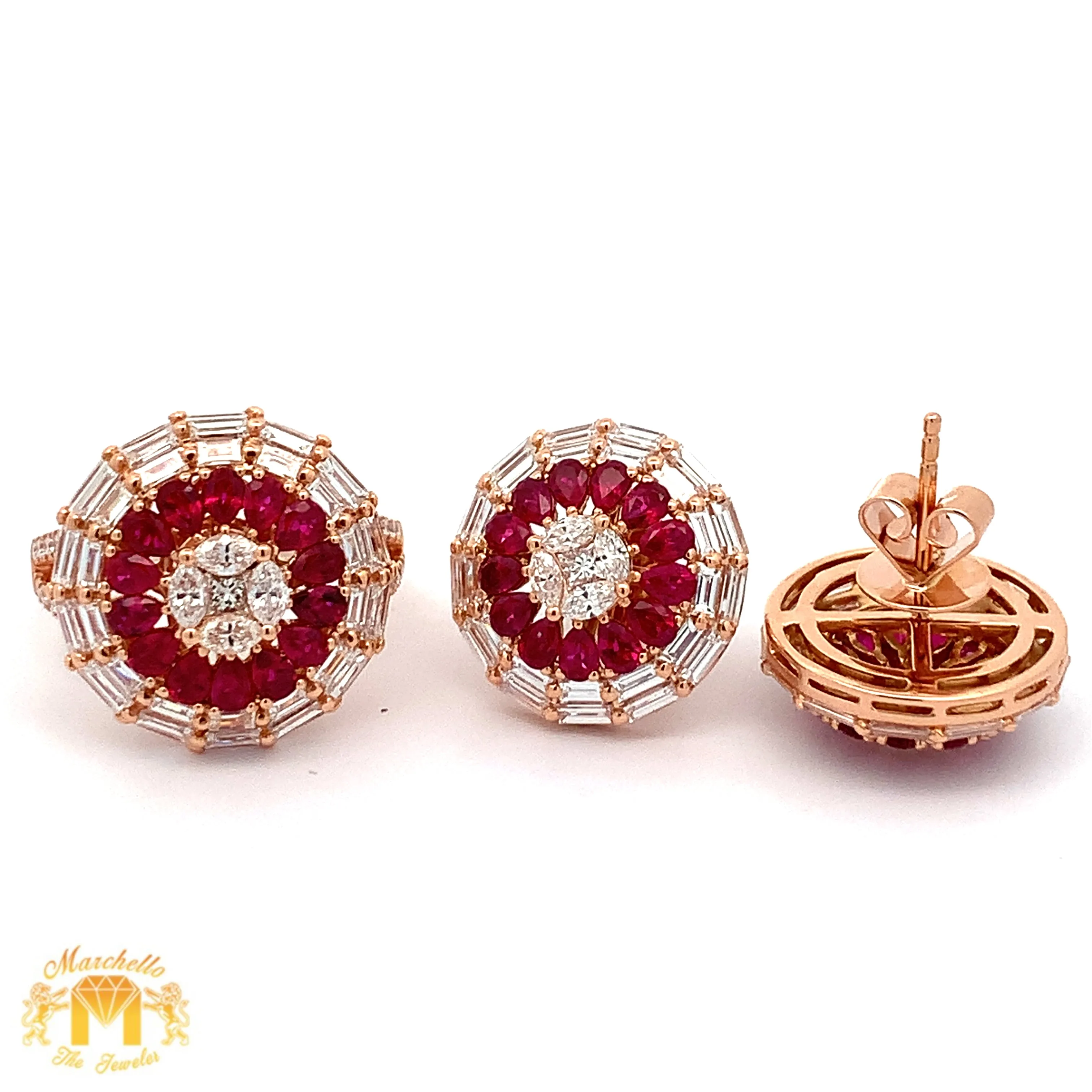 3 piece deal: VVS/vs high clarity diamonds set in a 18k Gold Pear Cut Ruby Stone Circle Ring  Earrings with Baguette and Round Diamonds   Gift from Marchello the Jeweler