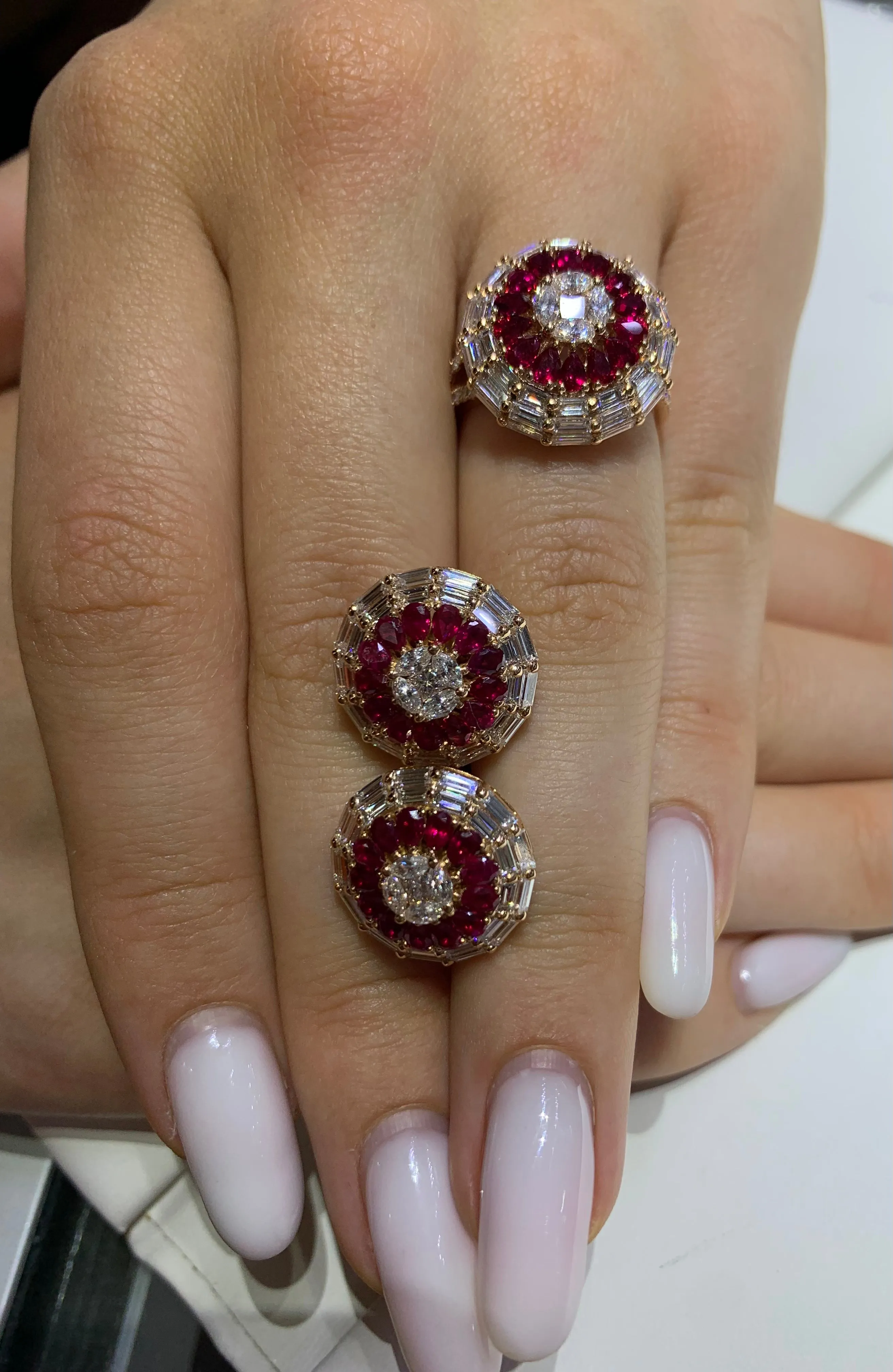 3 piece deal: VVS/vs high clarity diamonds set in a 18k Gold Pear Cut Ruby Stone Circle Ring  Earrings with Baguette and Round Diamonds   Gift from Marchello the Jeweler