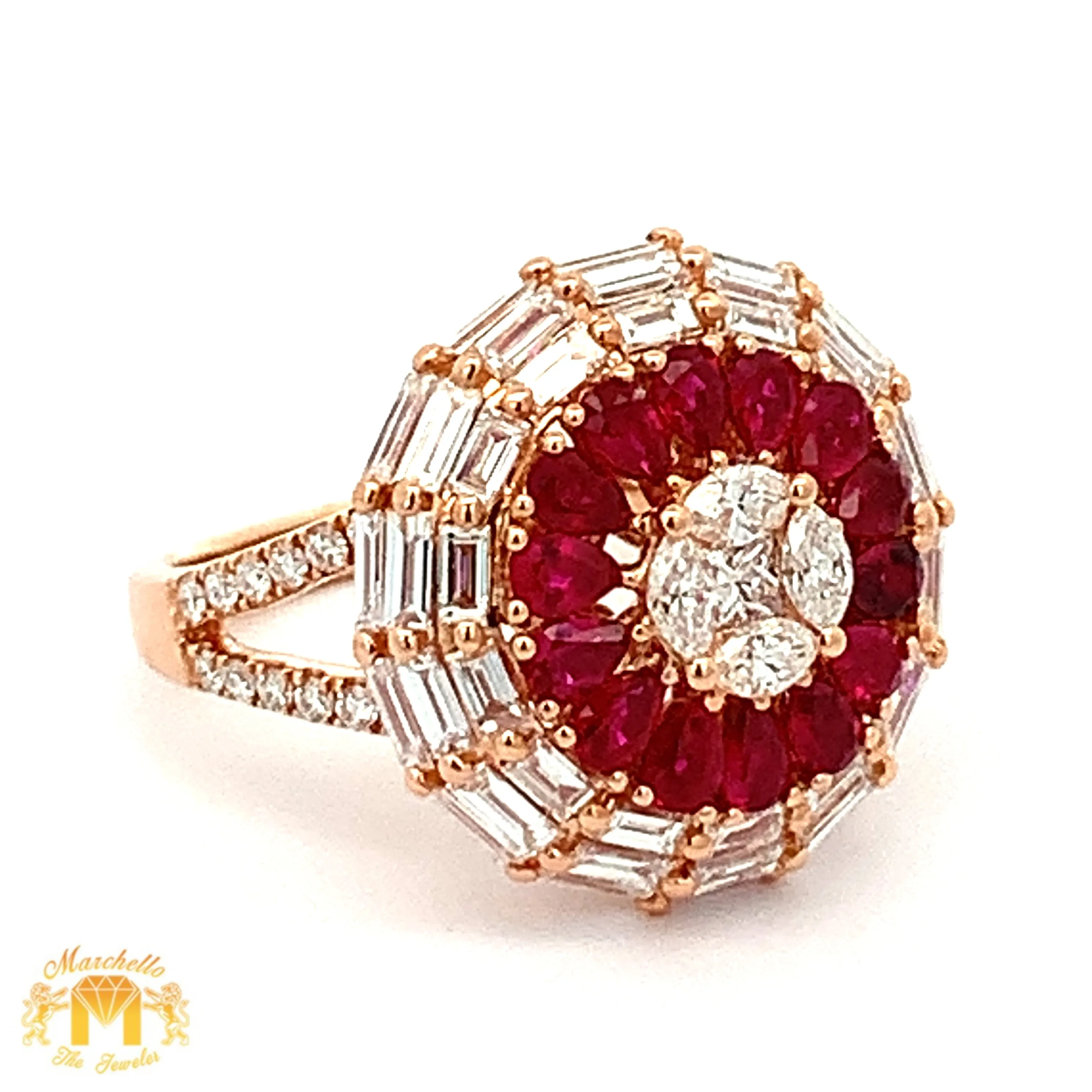 3 piece deal: VVS/vs high clarity diamonds set in a 18k Gold Pear Cut Ruby Stone Circle Ring  Earrings with Baguette and Round Diamonds   Gift from Marchello the Jeweler