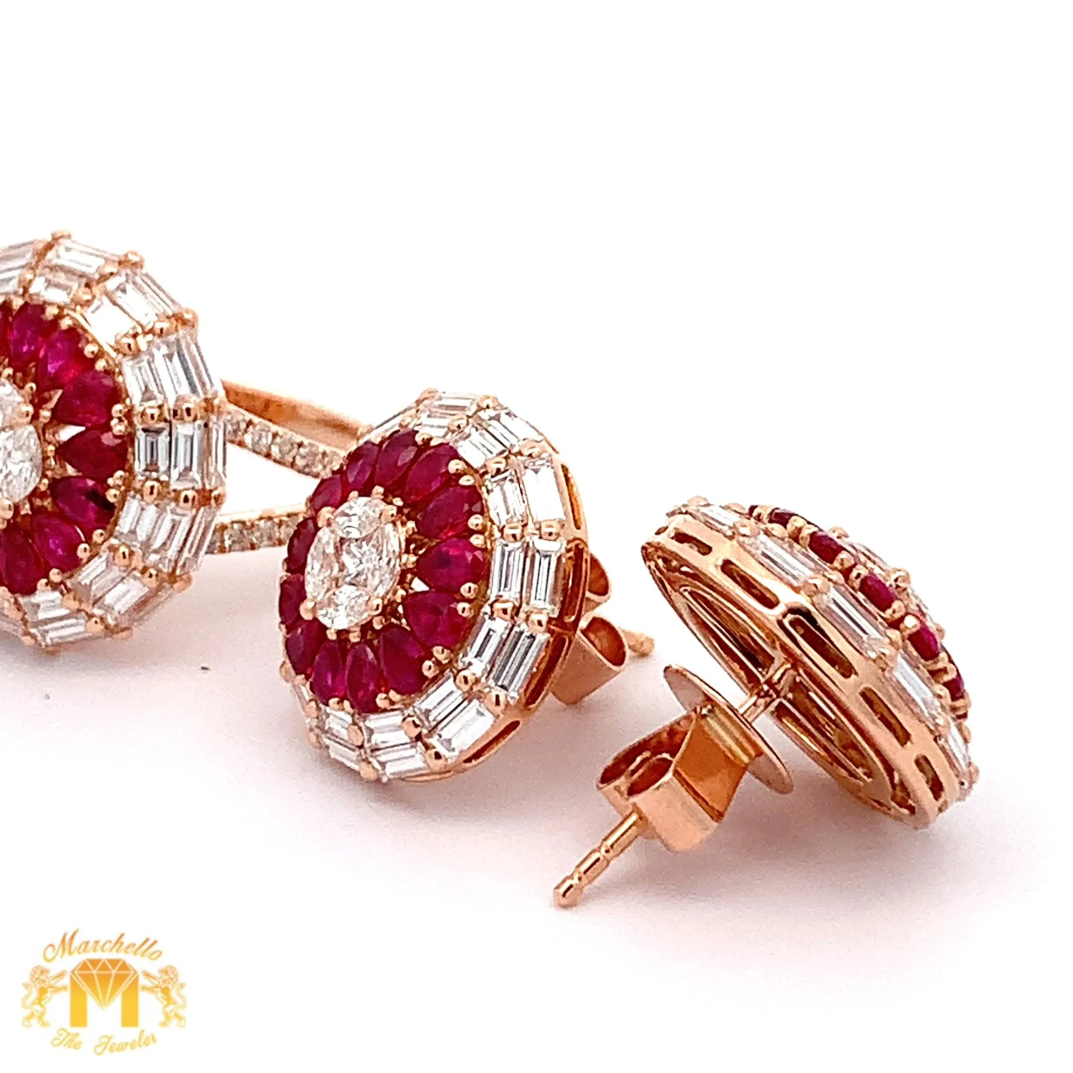 3 piece deal: VVS/vs high clarity diamonds set in a 18k Gold Pear Cut Ruby Stone Circle Ring  Earrings with Baguette and Round Diamonds   Gift from Marchello the Jeweler