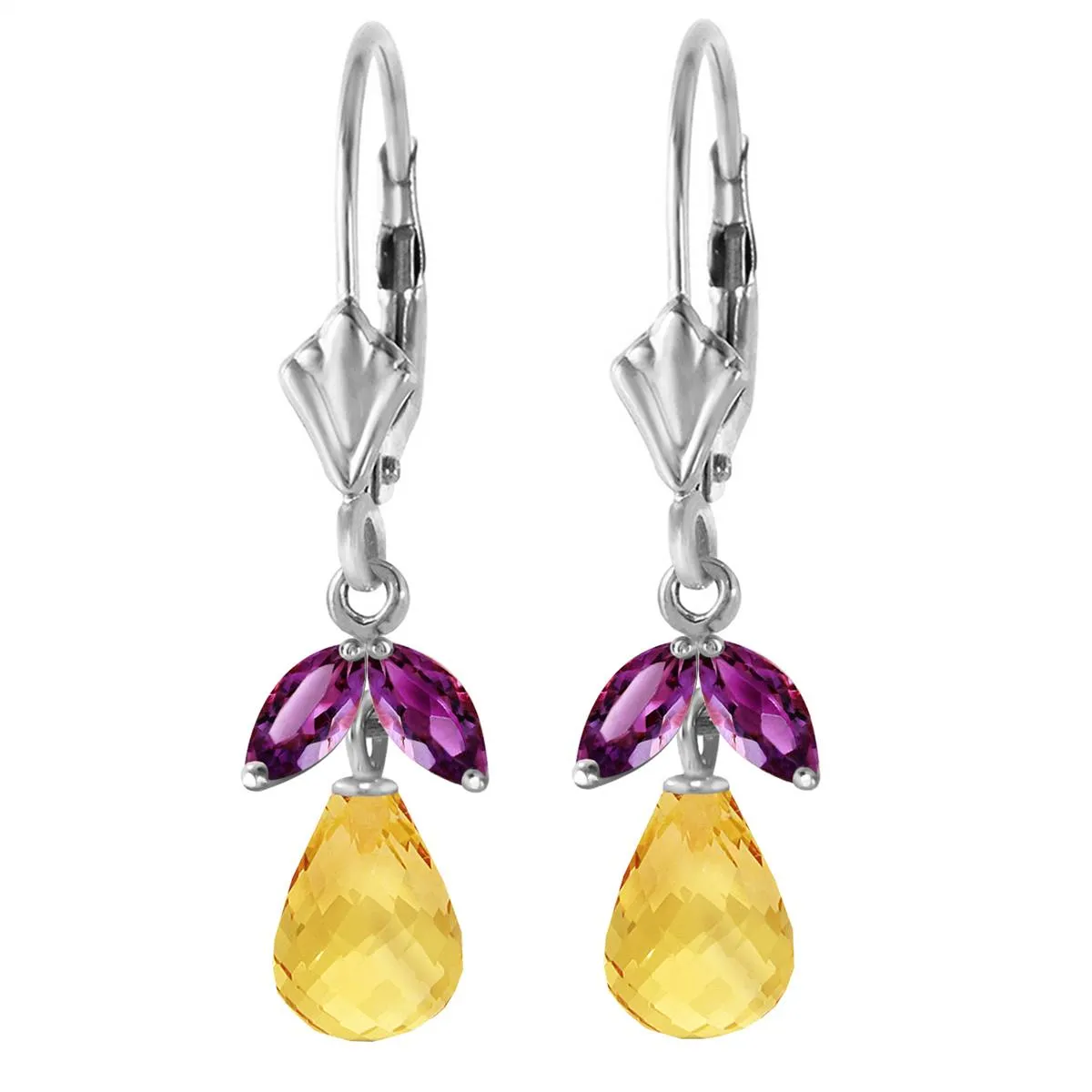 3.4 Carat 14K Solid White Gold Leverback Earrings Citrine Amethyst