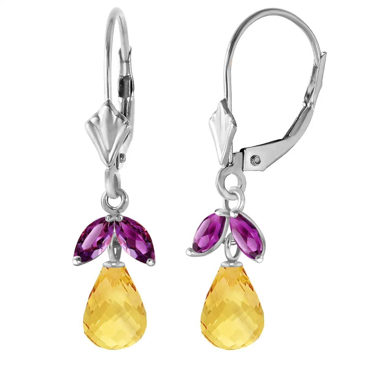 3.4 Carat 14K Solid White Gold Leverback Earrings Citrine Amethyst