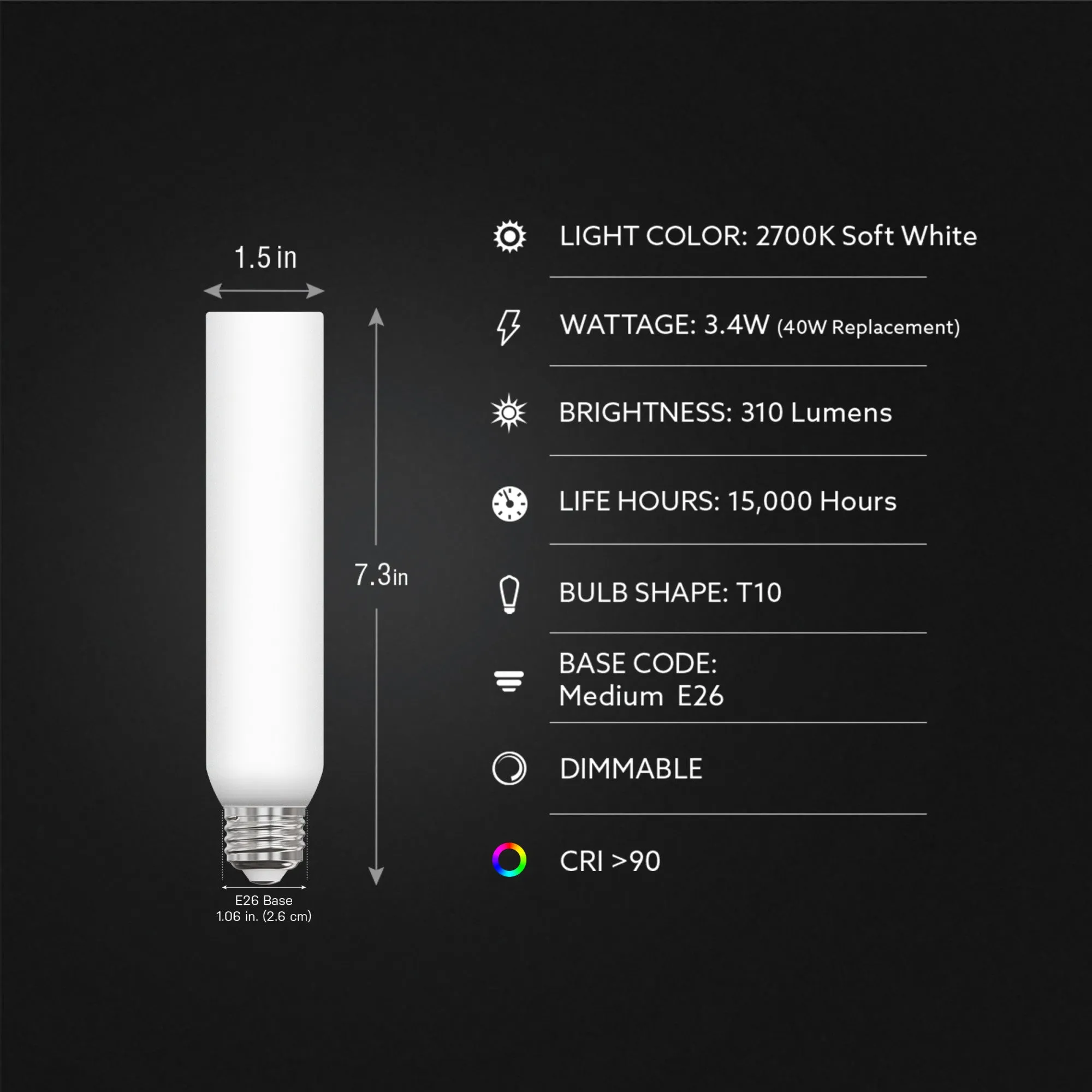 3.4W (40W Replacement) T10 E26 Dimmable Opal Tubular LED Light Bulb, Soft White