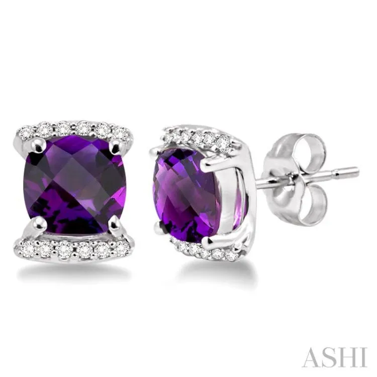 6x6 MM Cushion Shape Amethyst and 1/10 Ctw Round Cut Diamond Earrings in 14K White Gold