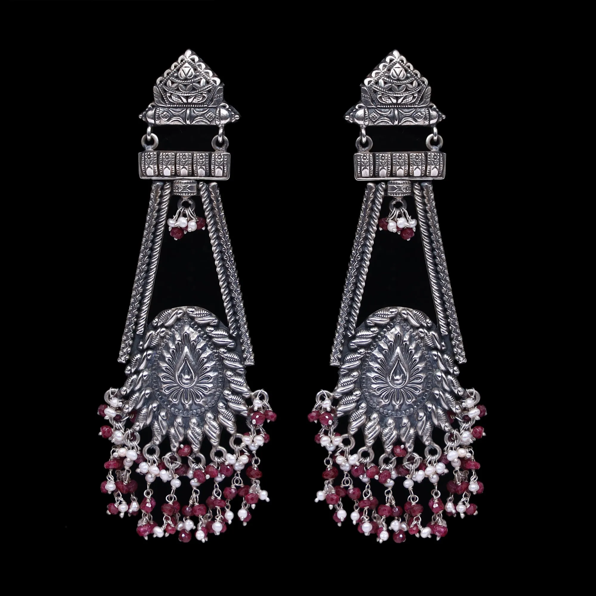 925 Silver Handmade Earring With Ruby Color and Fresh Water Pearls Hanging