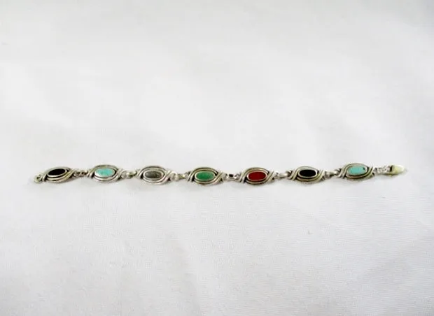 925 STERLING SILVER STONE Hinged Bracelet Cuff MULTI Colorful Boho