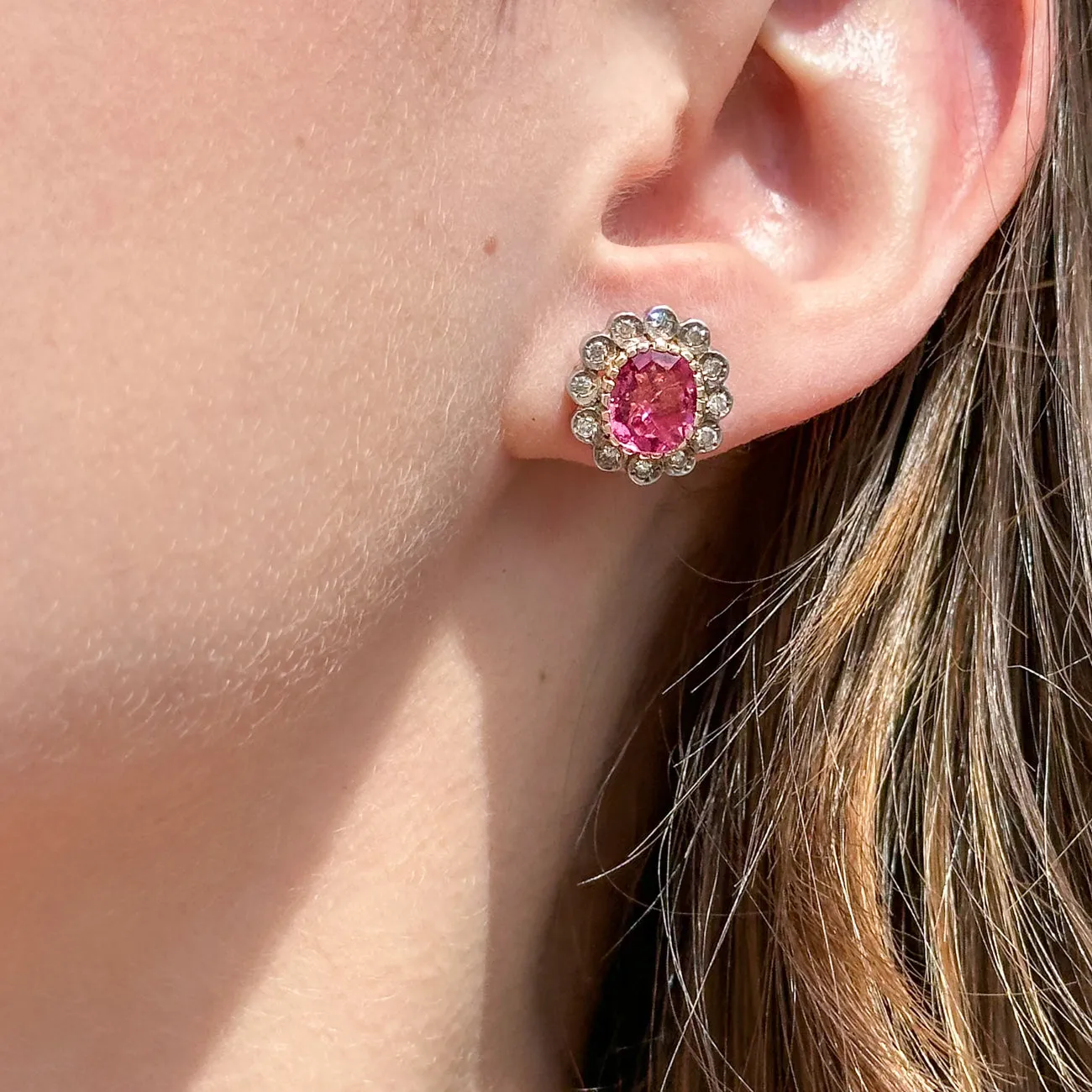 Antique Edwardian Pink Tourmaline Diamond Flower Stud Earrings 18ct Gold