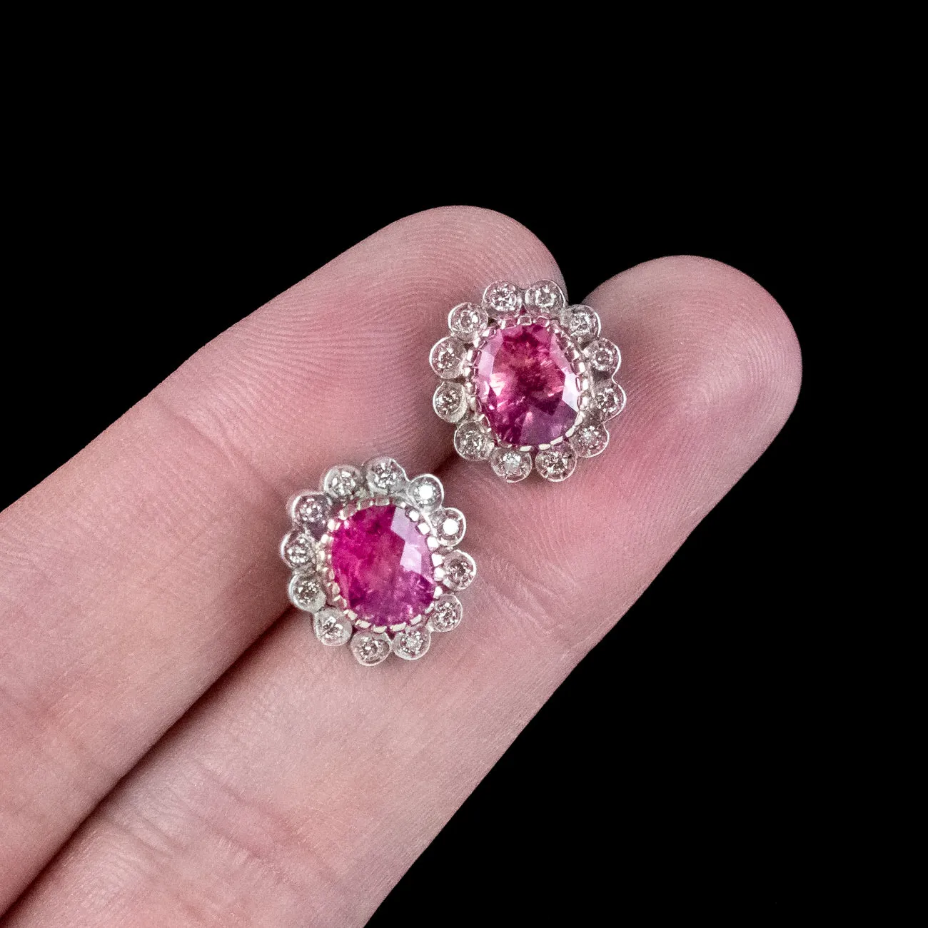 Antique Edwardian Pink Tourmaline Diamond Flower Stud Earrings 18ct Gold