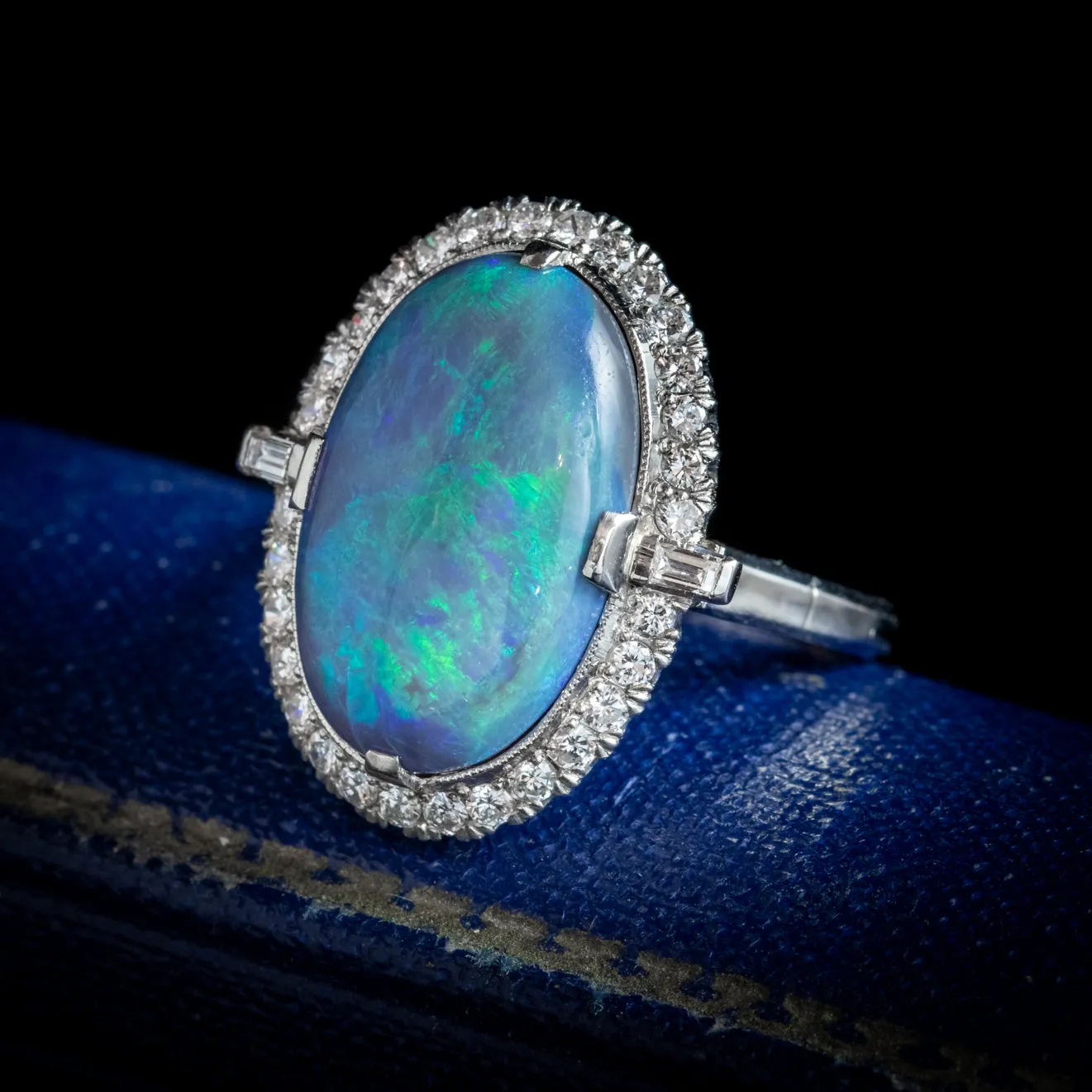 Art Deco Style Black Opal Diamond Ring Platinum 7ct Opal