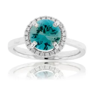 Blue Zircon Halo and Diamond Accented Ring