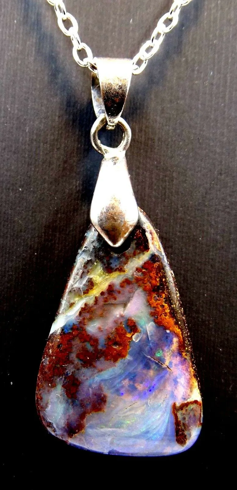 Boulder 18ct White Gold Plated Opal Pendant with Flashes of Blue & Purple