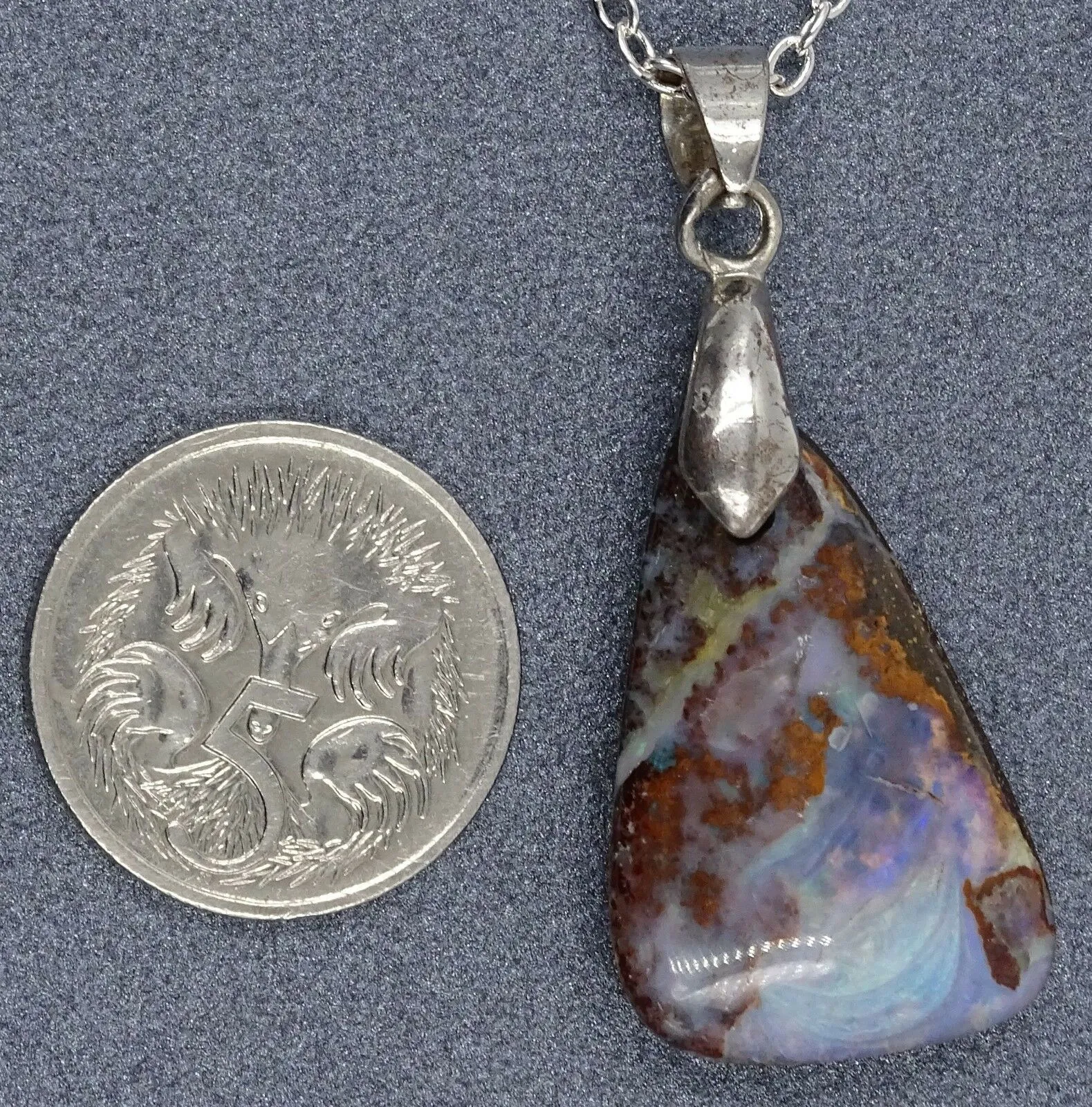 Boulder 18ct White Gold Plated Opal Pendant with Flashes of Blue & Purple