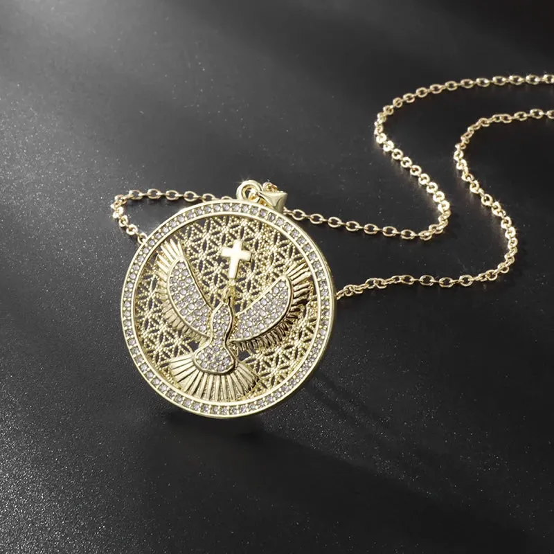 Brand New Gold Color Holy Spirit Pendant Ladies Men Casual Zircon Chain Necklace Religious Jewelry Gift