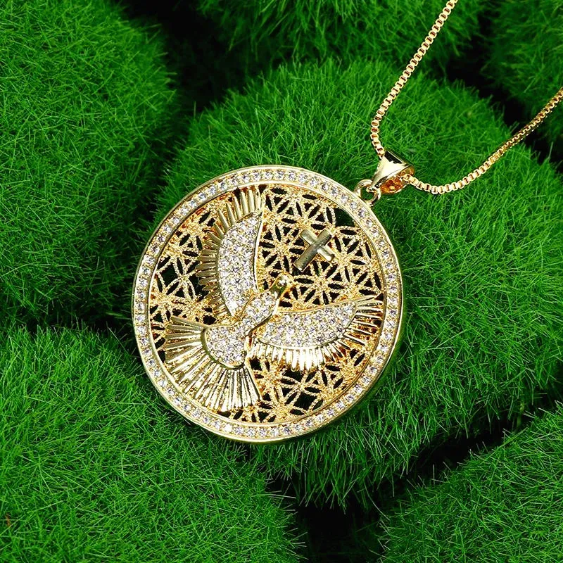 Brand New Gold Color Holy Spirit Pendant Ladies Men Casual Zircon Chain Necklace Religious Jewelry Gift