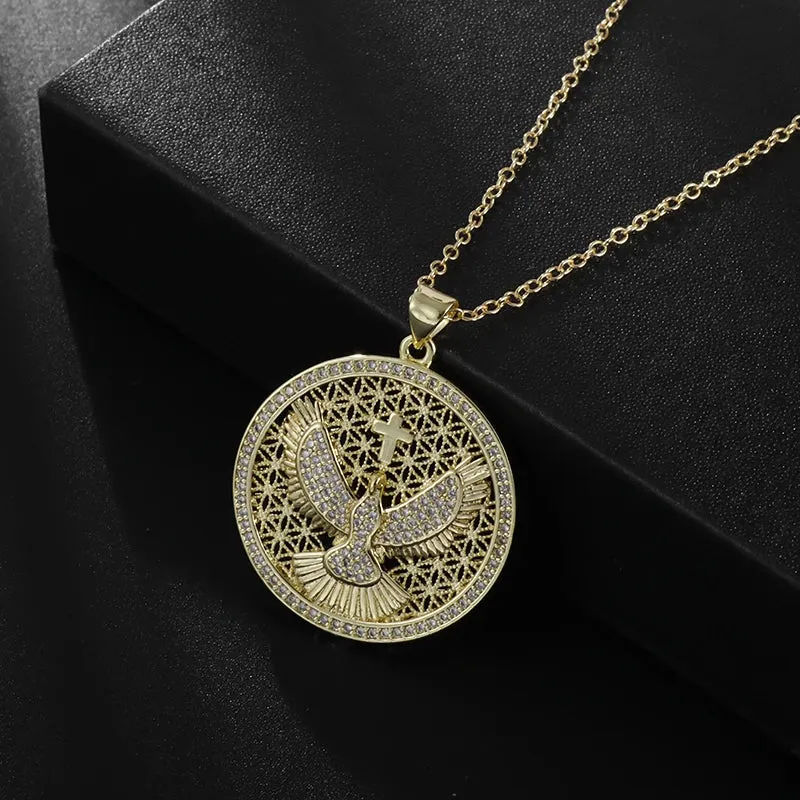 Brand New Gold Color Holy Spirit Pendant Ladies Men Casual Zircon Chain Necklace Religious Jewelry Gift